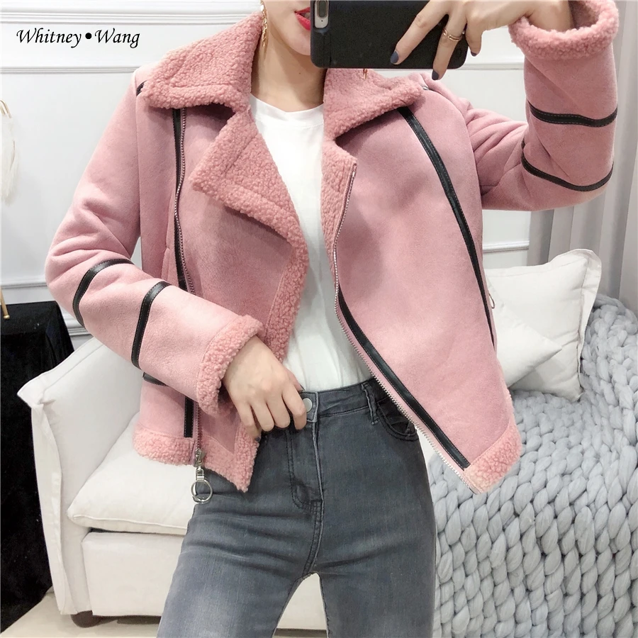 WHITNEY WANG осень зима мода уличная искусственная овечья шерсть пальто из замши Женская Толстая теплая байкерская куртка верхняя одежда - Цвет: Розовый