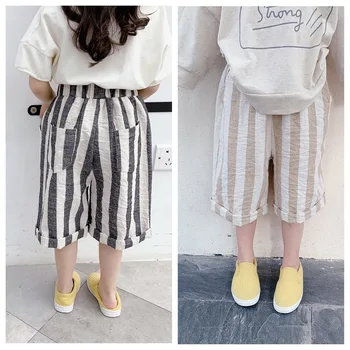 

2020 girls summer cotton and linen vertical stripes cotton and linen pants children wide leg pants