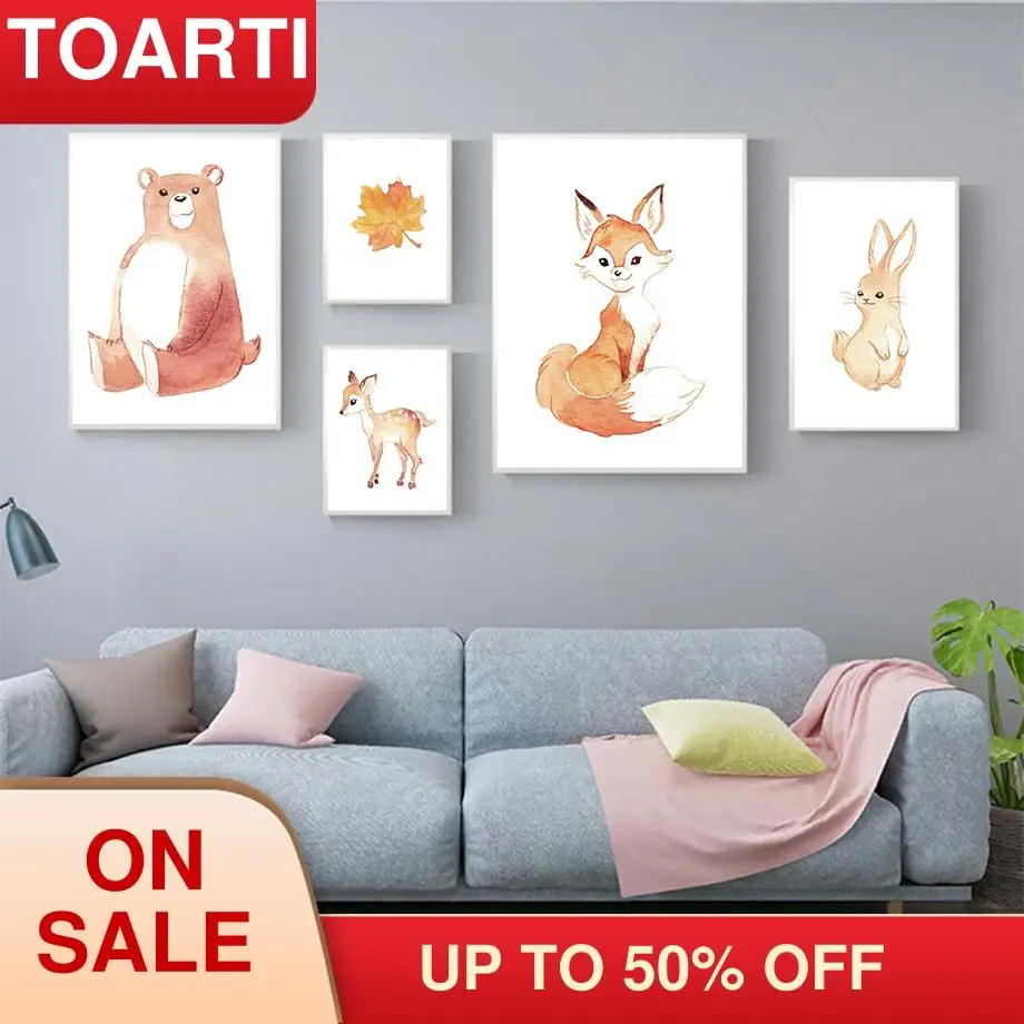 Лес Картина с рисунком животных Акварельная Художественная печать и постер для