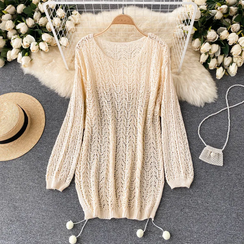 New Beach Sexy Hole Sweater Bow Tie Ball Hem Loose Knitted Crochet Hollow Out Long Side Split Knit Jumper Tops Holiday | Женская одежда