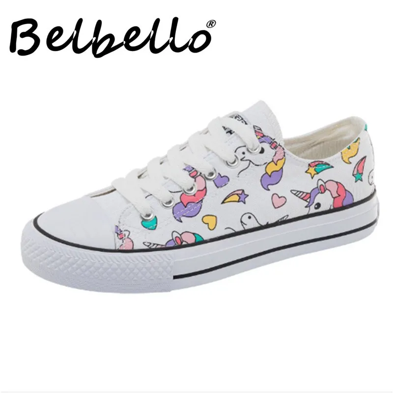 white Belbello/ г. Новые летние парусиновые туфли Удобная обувь с милым принтом модная женская обувь - Цвет: white
