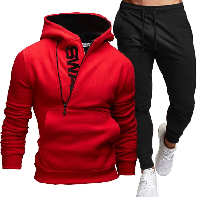Men's Tracksuit Casual Sport Sets Zipper Hoodies Pants Two Piece Set Hooded Sportswear Fashion Sweatshirt Suit Man Clothing Red