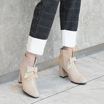 

Fashion Beie Green Balck Hih Hoof Heel Boots Cute Bowtie Lolita Women Shoes Ladies Ankle Boots Bootie Winter Autumn