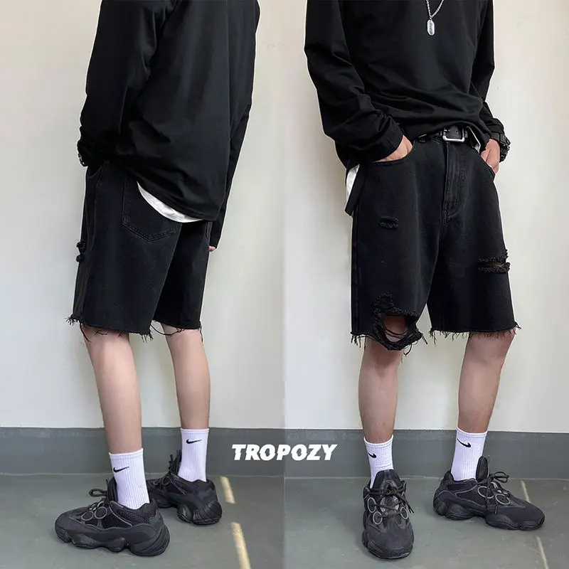 

Men's shorts 2020 spring new slim-fit solid color ripped 5 minutes pants shorts loose casual personality youth men's wear