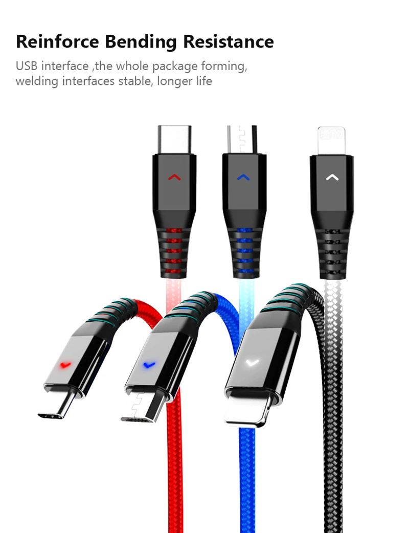 3 в 1 USB кабель 3A для мобильного телефона Micro usb type C кабель для зарядного устройства для iPhone XR XS X для xiaomi huawei шнур для быстрой зарядки данных