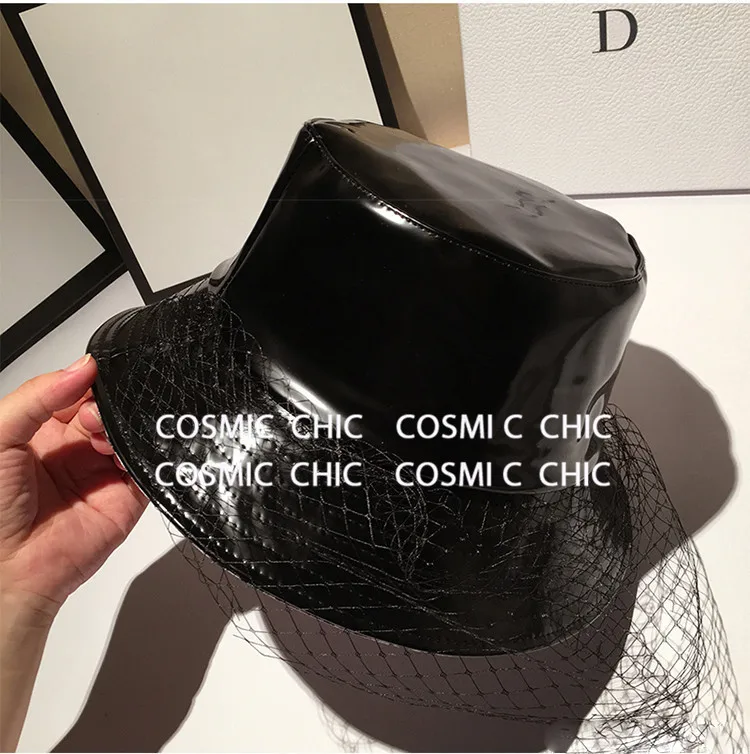 Cosmicchic, осенне-зимняя женская черная кожаная Панама, шапка в рыбацком стиле с надписью внутри, подиумная дизайнерская сетчатая Панама, Мужская кепка