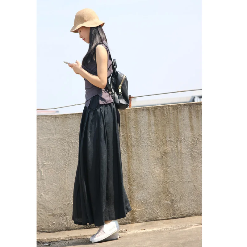 Spring and Summer Plus Size 5XL 6XL XXL Vintage Casual Black Cotton and Linen Female a line Pleated Long Skirts With Womens