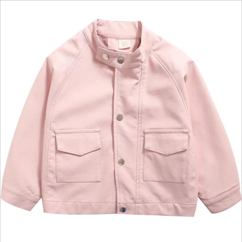 

Girls Coats 2019 Fashion Black/Pink Turtleneck Soild Leather Jacket Coat 2-8Yrs England Style Baby Girls Outwear Toddler Clothes