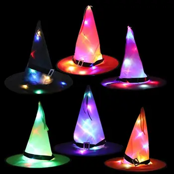 

1pcs Halloween Witch Hat with LED Light Glowing Witches Hat Hanging Halloween Decor Suspension Tree Glowing Hat for Kids