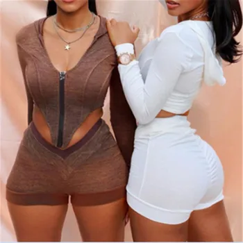 

Autumn Hooded Solid Long Sleeve High Low Hem Crop Top V Cut Waist Shorts Two-piece Set 2020 Longline Slim Fit Mini Outfits