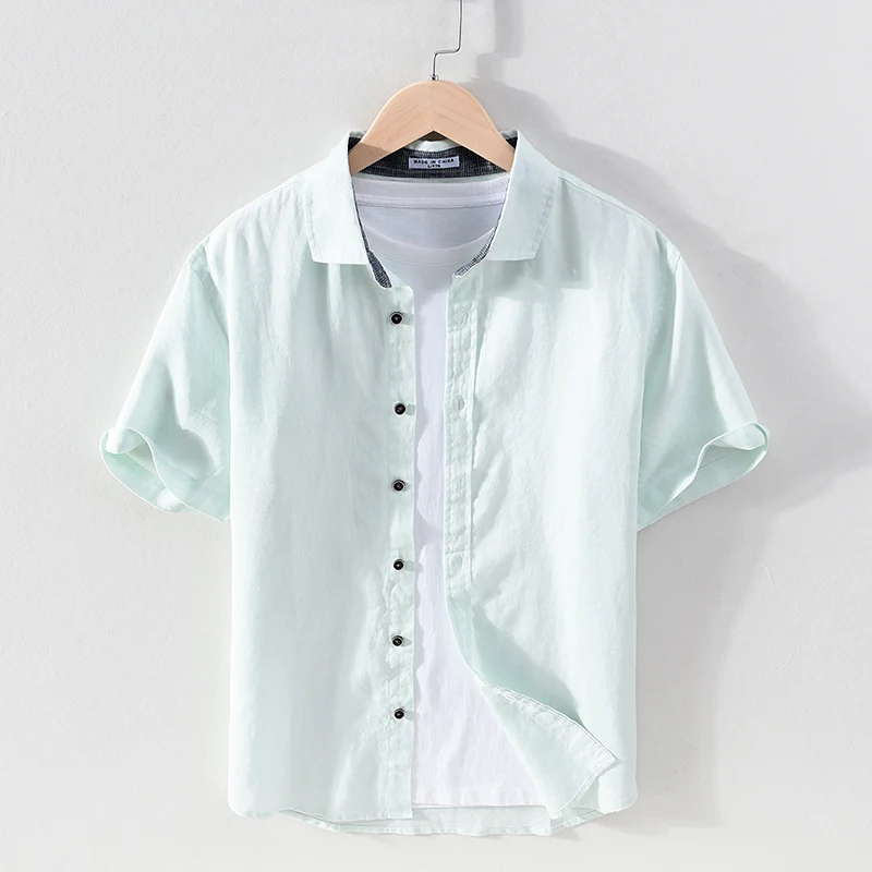 

100% Linen comfortable new design short-sleeved brand shirt men casual fashion solid shirts for men tops mens clothes camisa