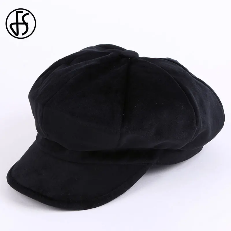Black Newsboy Caps FS, осенне-зимние шапки для женщин, берет, одноцветная, восьмиугольная, газетная Кепка, женская, повседневная, бархатная шапка, шапка художника, s - Цвет: Black Newsboy Caps