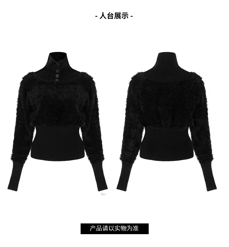 PUNK RAVE Girl Temperament Sweater Female Short Design Slim High Collar Pullover Autumn and Winter Black Sweaters