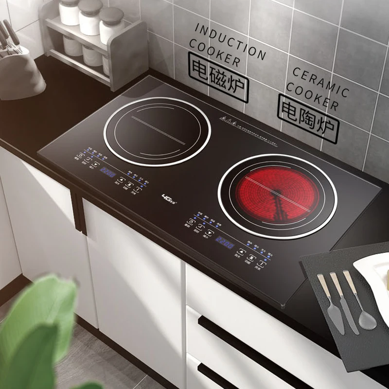 Household Electric Induction Cooker+Radiant Cooker Double-burner 2 in 1 Desk Type/Embedded Dual Use Water Proof Design Cooktop