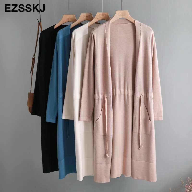 

2019 Autumn winter Drawstring knit Cardigans Women midi long sweater Cardigan Female outwear Jacket Coat with pocket new