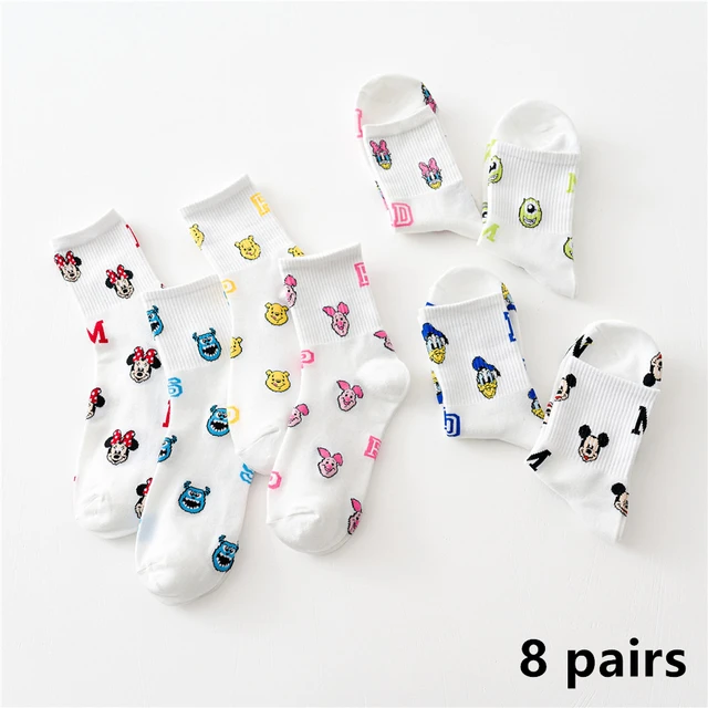 8 Pairs Disney Cartoon Socks Cute Mickey Minnie Daisy Donald Winnie Piglet Print White Funny Harajuku Fashion Kawaii Girl Sock HD174