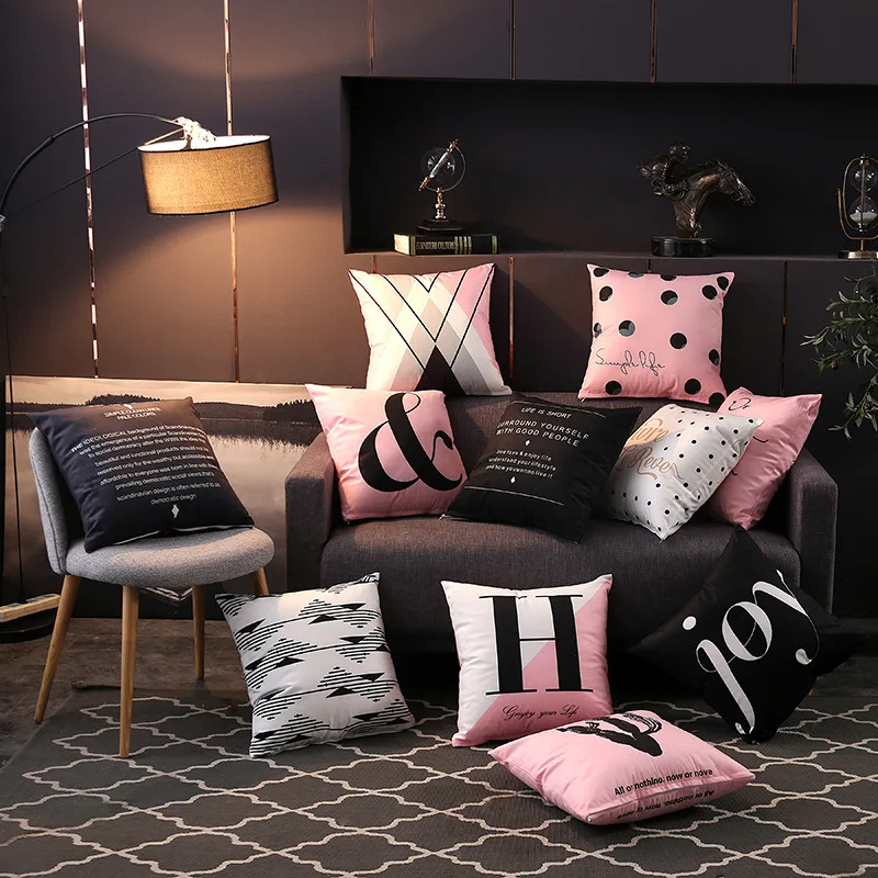 

Pink Geometric Cushion Cover Short Velvet Double-sided Printed Nordic Pattern Letter Sofa Bed Decorative Pillowcase 45x45cm