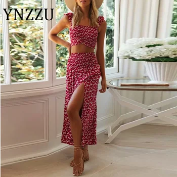 

YNZZU Sexy Women Two Piece Set Boho Style Floral Crop Top + Skirts High Waist Pleated Split Long Beach Sets 2020 Summer AJ056