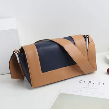 

2020 New Style Contrast Color artificial leather Square Sling Bag WOMEN'S Cow Leather Bag Wide-Strap Crossbody Bag