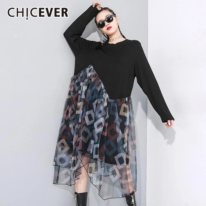 CHICEVER корейский стиль лоскутные сетчатые платья хит разноцветное платье женские