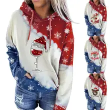 

Dropshipping Hooded Long Sleeve Pullover Sweatshirt Merry Christmas Letter Print Red Wine Glass Print Patchwork Women Hoodie Fes
