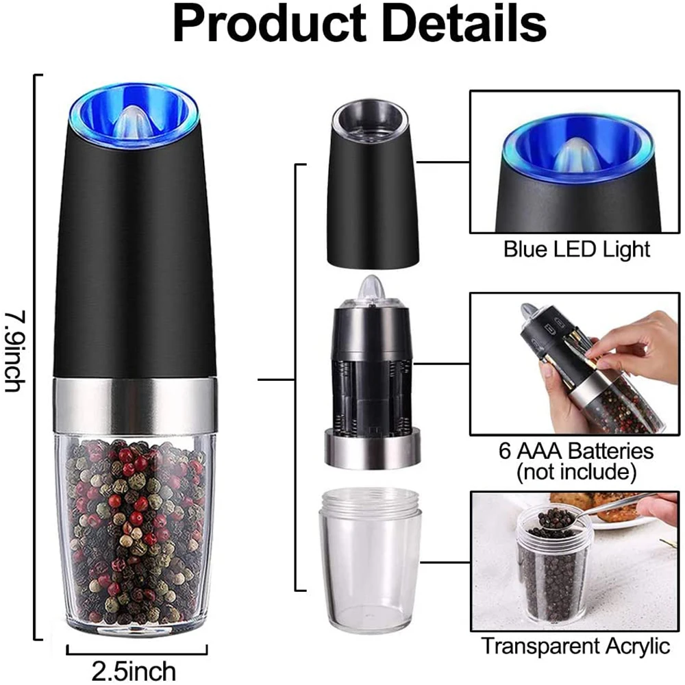 Electric Automatic Salt and Pepper Shaker Gravity Spice Mill Adjustable Coffee Grinder with LED Light Kitchen Tools