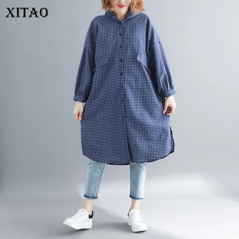 

XITAO Loose Single Breasted Lattice Hat Blouse Women Plus Size Wild Shirt 2019 Autumn New Hooded Collar Top Women Korean GCC1265