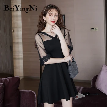 

Beiyingni Woman Summer Black Lace Patchwork Elegant Dress A Line Mini Sexy Club Korean Vintage Chic Slim Fit Dresses Ball Gown