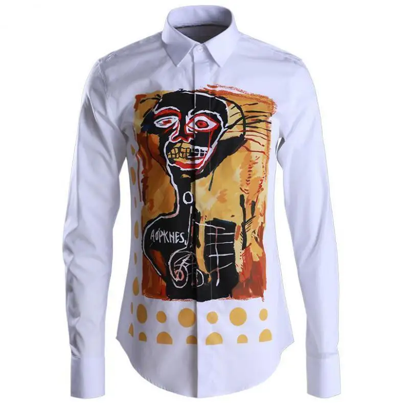 

Men White Center Front Printing Long Sleeve Fashion Casual Slim Fit Mens Dress Shirts Plus Size 4XL