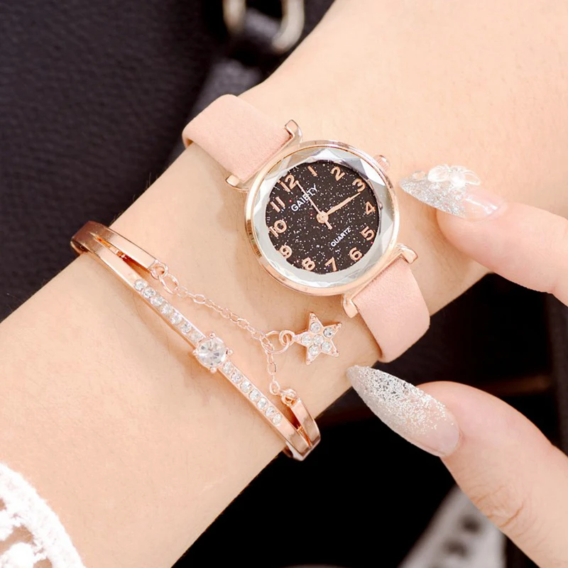 Pink With Bracelet Женские часы в стиле ретро, набор, звездное небо, женские часы-браслет, повседневные кожаные спортивные кварцевые наручные часы, Relogio Feminino, дропшиппинг - Цвет: Pink With Bracelet
