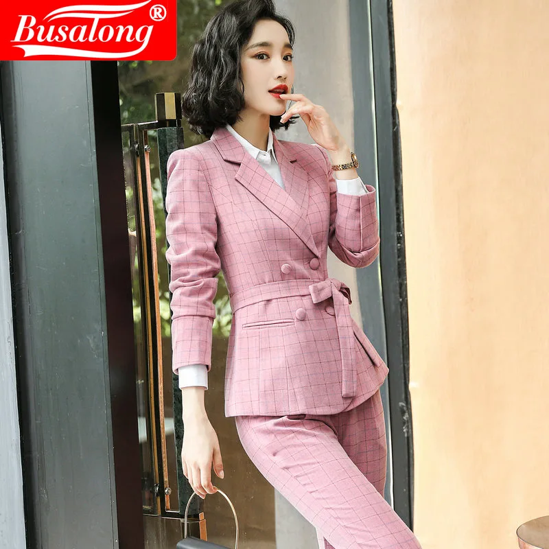 

Winter Work Pant Suits OL 2 Piece Sets Double Breasted Plaid Blazer Jacket Trousers Suit For Women Set Feminino Plus Size 4XL