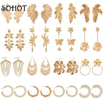 

SOHOT Neo-Gothic Style Leaf Flower Butterfly Alloy Tassel Pendant Women Drop Earrings Chic Gold Color Female Party Jewelry Gift