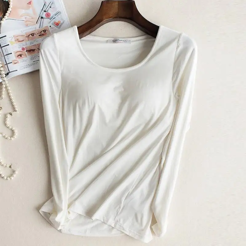 Bra Padded Basic T-shirt Women Modal Long Sleeve O Neck Solid Tee Shirt Built In Bra Casual Soft Breathable Tee Tops - Цвет: Белый
