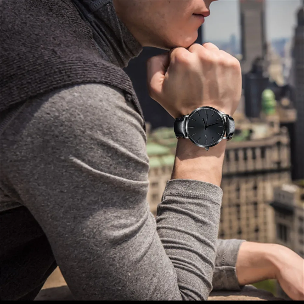 Luxury Men Business Watch Casual Design Black Stainless Steel Quartz Analog Leather Wrist Watch relogio masculino#BL5