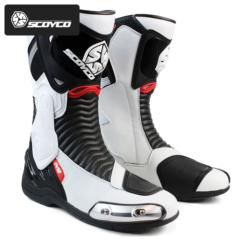 SCOYCO ботинки для езды на мотоцикле; ботинки для соревнований; Botas Moto Motosiklet Bot; Мужская противоскользящая обувь для езды на велосипеде; гоночные ботинки - Цвет: Белый