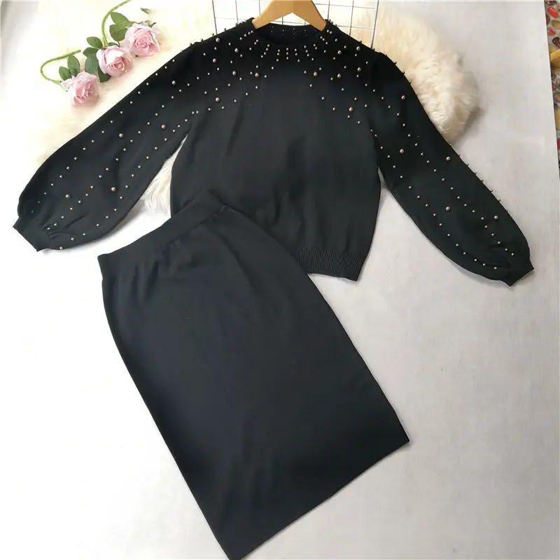 black golden pearl LUOSHA/комплект из 2 предметов, Женская осенне-зимняя вязаная юбка, комплект с рукавами-фонариками и жемчужинами, свитер, топ и юбка-карандаш, комплект одежды - Цвет: black golden pearl
