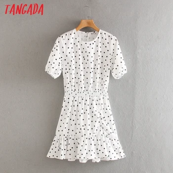 

Tangada fashion women dots print dress short sleeve strethy waist ladies ruffles mini dress vestidos XN515