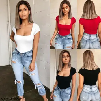 

Women Solid Stretch Bodysuit Bodycon Jumpsuit Romper Leotard Tops Blouse Playsuit Short Sleeve Basic Tops Jumpsuit Streetwear