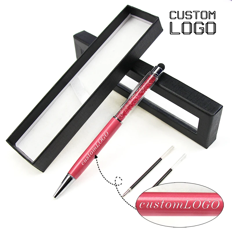 1Set Crystal Capacitor Pen Free Custom LOGO Ballpoint Pen Metal Personalise Gifts Pens With Pen Box Student School Stationery customized productmetallic 3d transfer stickers personalise logo custom metal shine letter transfering labels custom stickers