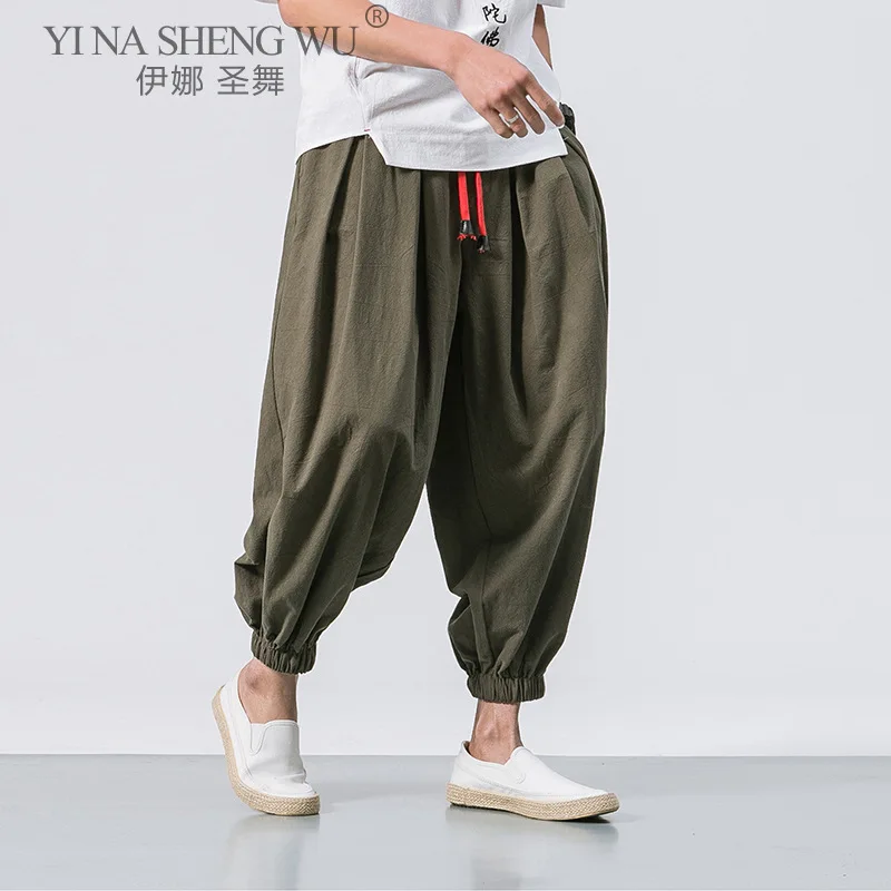 Summer Style Harem Pants Men Chinese Style Casual Loose Cotton Linen Japanese Kimono Sweatpants Jogger Pants Streetwear Trousers