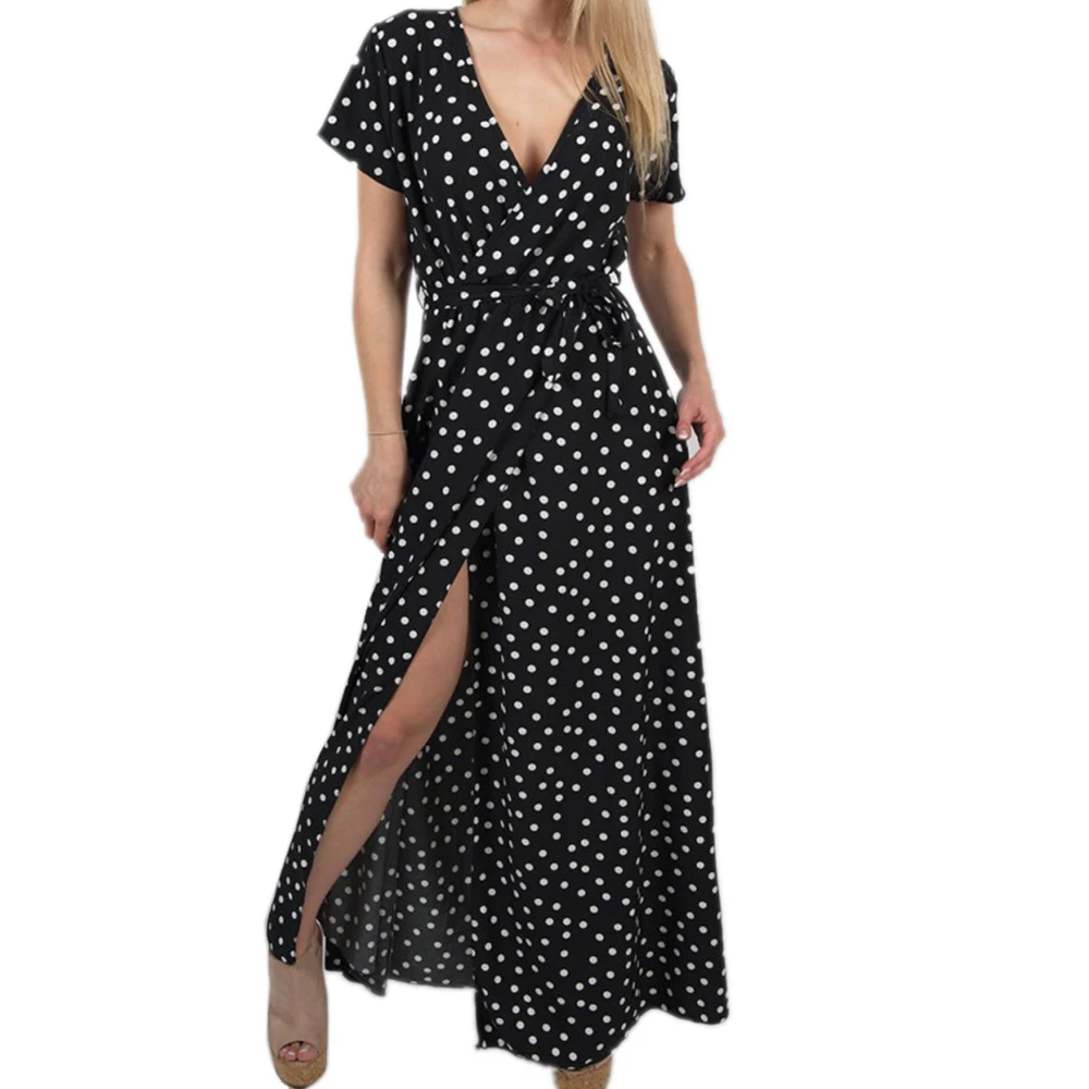 Сексуальное женское пляжное платье, длинный сарафан в горошек с глубоким v-образным вырезом, туника, купальник, белое бикини, накидка, купальник, вечернее платье, vestidos Mujer Ropa - Цвет: black