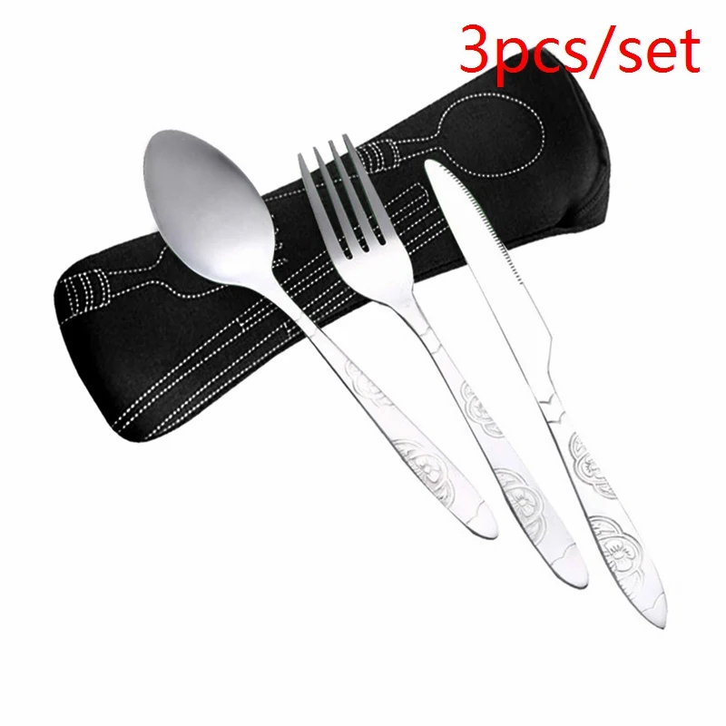 black 3pcs 3 шт./6 шт./компл. Портативный Нержавеющая сталь набор столовых приборов цветок картина вилка ужин набор посуды домашней утвари посуды сумка - Цвет: black 3pcs
