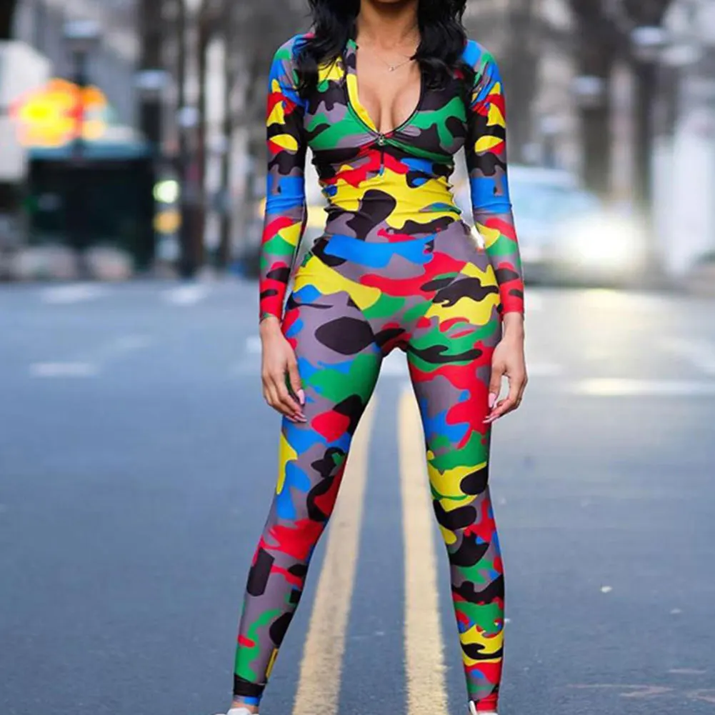 2020 Autumn Women Fashion Colorful Camouflage Opaque Jumpsuit Ladies High Stretch Slim Skinny Sport Long Sleeve Zipper Jumpsuits | Женская