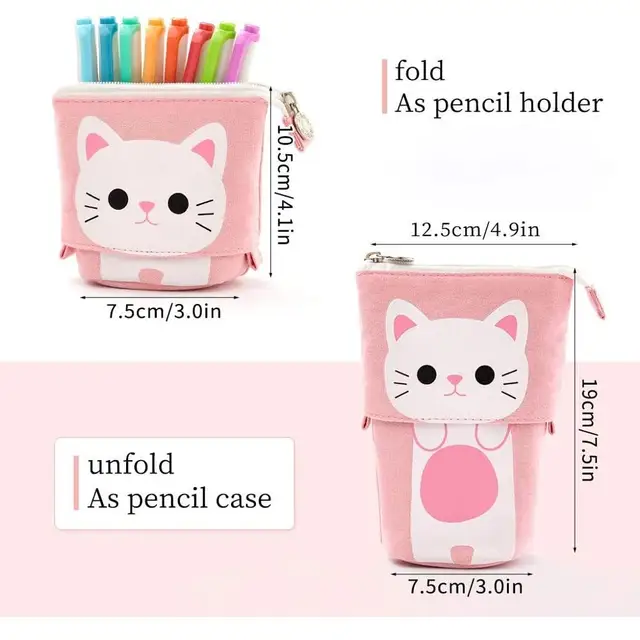 Angoo [Fun] Pen Pencil Bag Case, Cartoon Cute Cat Bear Sheep Canvas Fold Standing Holder Stationery Organizer Kids Gift A6445 3