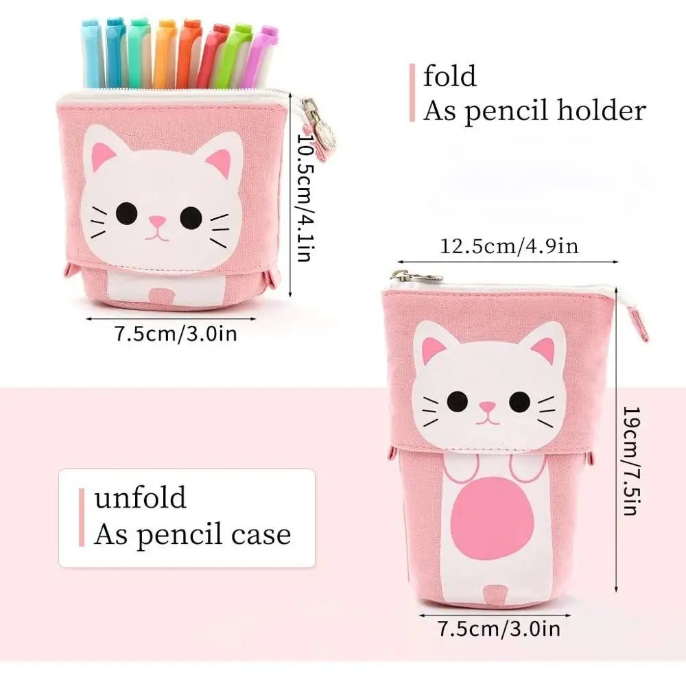 Angoo [Fun] Pen Pencil Bag Case, Cartoon Cute Cat Bear Sheep Canvas Fold Standing Holder Stationery Organizer Kids Gift A6445