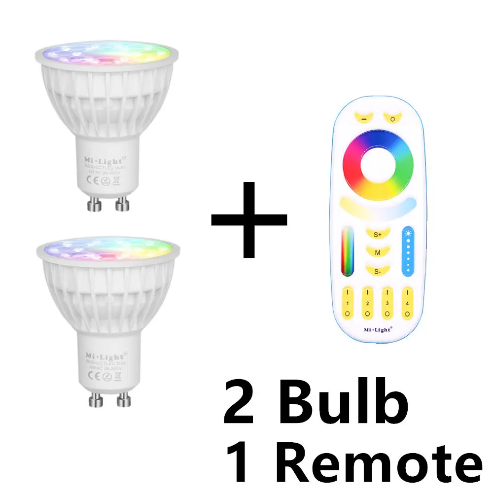 2 Bulb add 1 Remote Светодиодный светильник с регулируемой яркостью Mi-Light GU10 4W RGB+ CCT лампы для внутреннего украшения+ 2,4G RF светодиодный пульт дистанционного управления для смарт-ламп Milight - Испускаемый цвет: 2 Bulb add 1 Remote