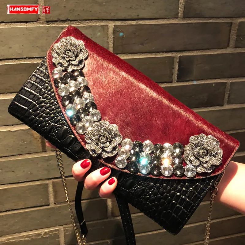 2021 новые кожаные женские сумки с бриллиантами из конского волоса Сумочка-клатч
