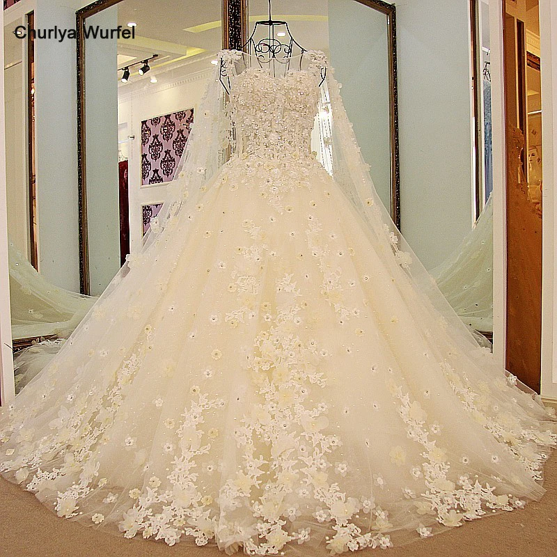 

LS54779 champagne wedding dress with long cape appliqued flowers korean wedding dress lace ball gown robe de mariage luxe 2016