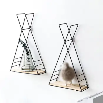 

Metal Wall-Mounted Hanging Triangle Shelf with Woden Board Storage Organizer Display Rack Gold Black