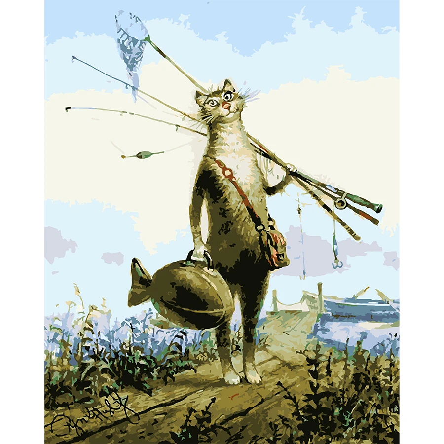 

Paints By Numbers 50x40cm Abstract Fishing Cat Oil Painting By Numbers Set Gift Coloring By Numbers Canvas Wall Set